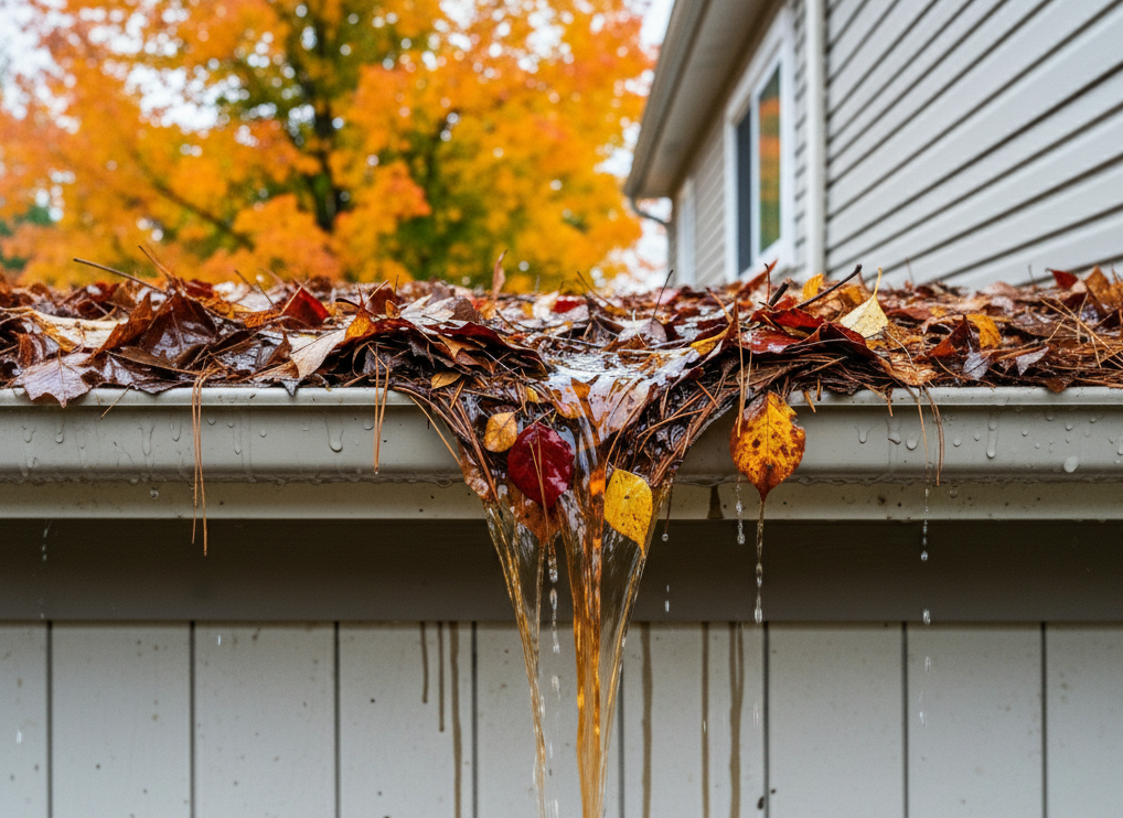 A clogged gutter overflowing with leaves and water in Montgomery County, a problem that gutter guards prevent.